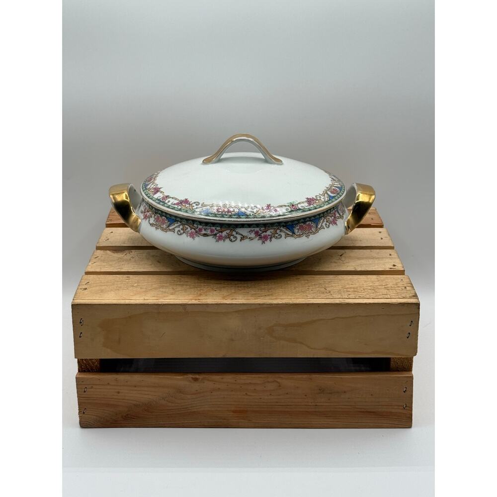 Antique Union T Czechoslovakia Covered Casserole Tureen - Gold Trim Floral 2250